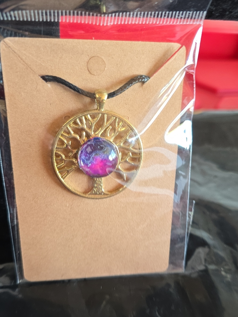 Gold Tree of Life Pendant Necklace with Purple-Pink Glass Cabochon